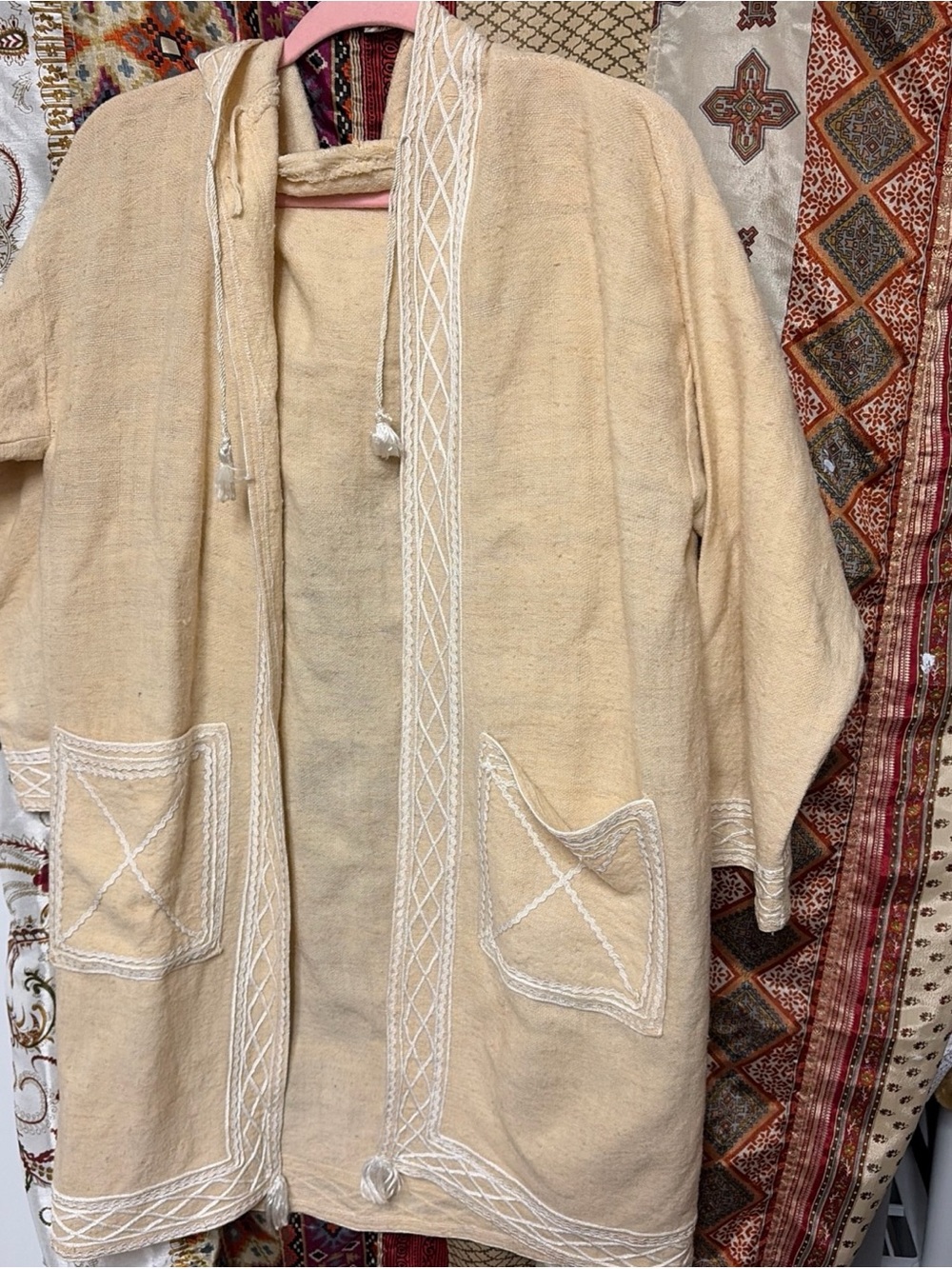 Vintage ethnic Moroccan Beige Embroidered Hooded Jacket cardigan unisex boho
